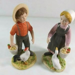 Homco Amish Children Farm Figurines bisque porcelain rooster goose eggs